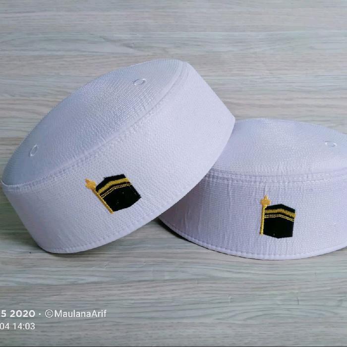 Peci Haji Pria Putih Polos Logo Kabah Model Terompah