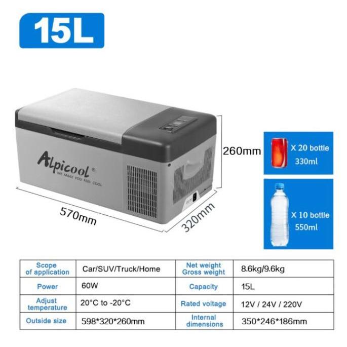 Alpicool Kulkas Travel Freezer 15L Portable Car Mini Fridge Pendingin Mobil 12V/24V/220V 20°C hingga