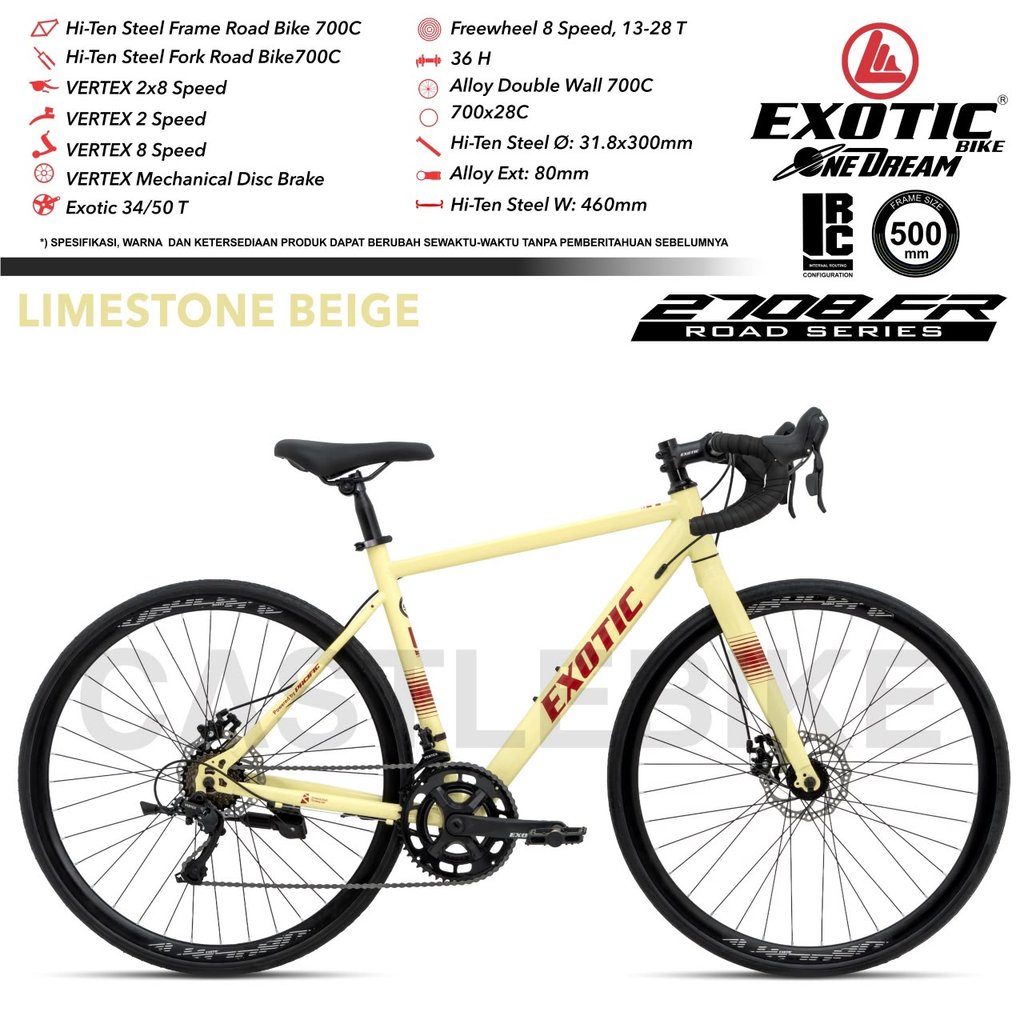 Sepeda Exotic 2708 FR Hi-Ten Steel Frame Road Bike 700x28C Shifter Vertex 2x8 Speed Mechanical Disc 