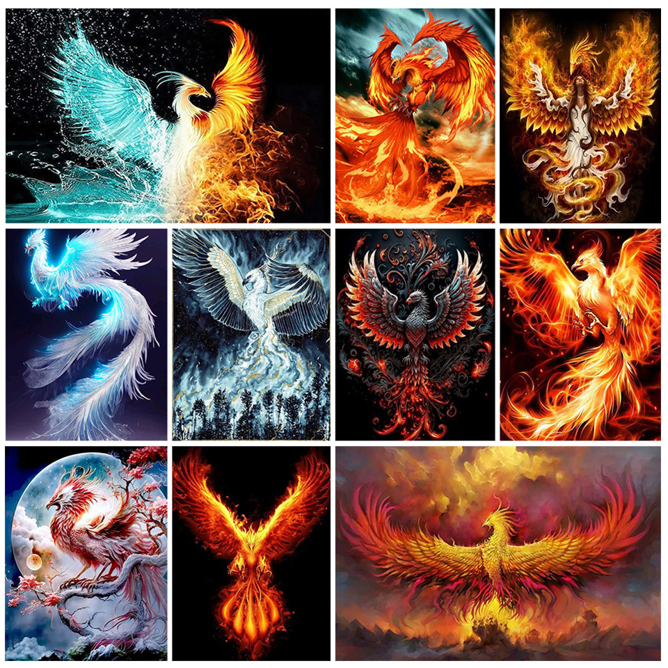 5D DIY Diamond Painting Phoenix Diamond Mosaic Full Drill Golden Bird Animal Cross Stitch Kit Rhines