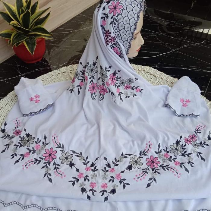 MUKENA PRO MAX TERUSAN PANJANG BORDIR MOTIF TABUR BUNGA BAHAN KAIN KATUN POLINO MIKRO PONDOK PUTRI |