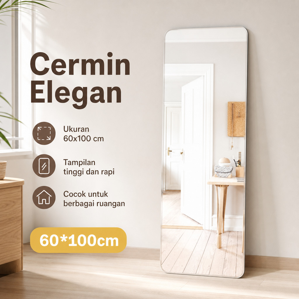 Cermin Tempel Dinding Full Body 60x100 cm untuk Kamar Tidur Ruang Ganti Model Persegi Panjang Tipis