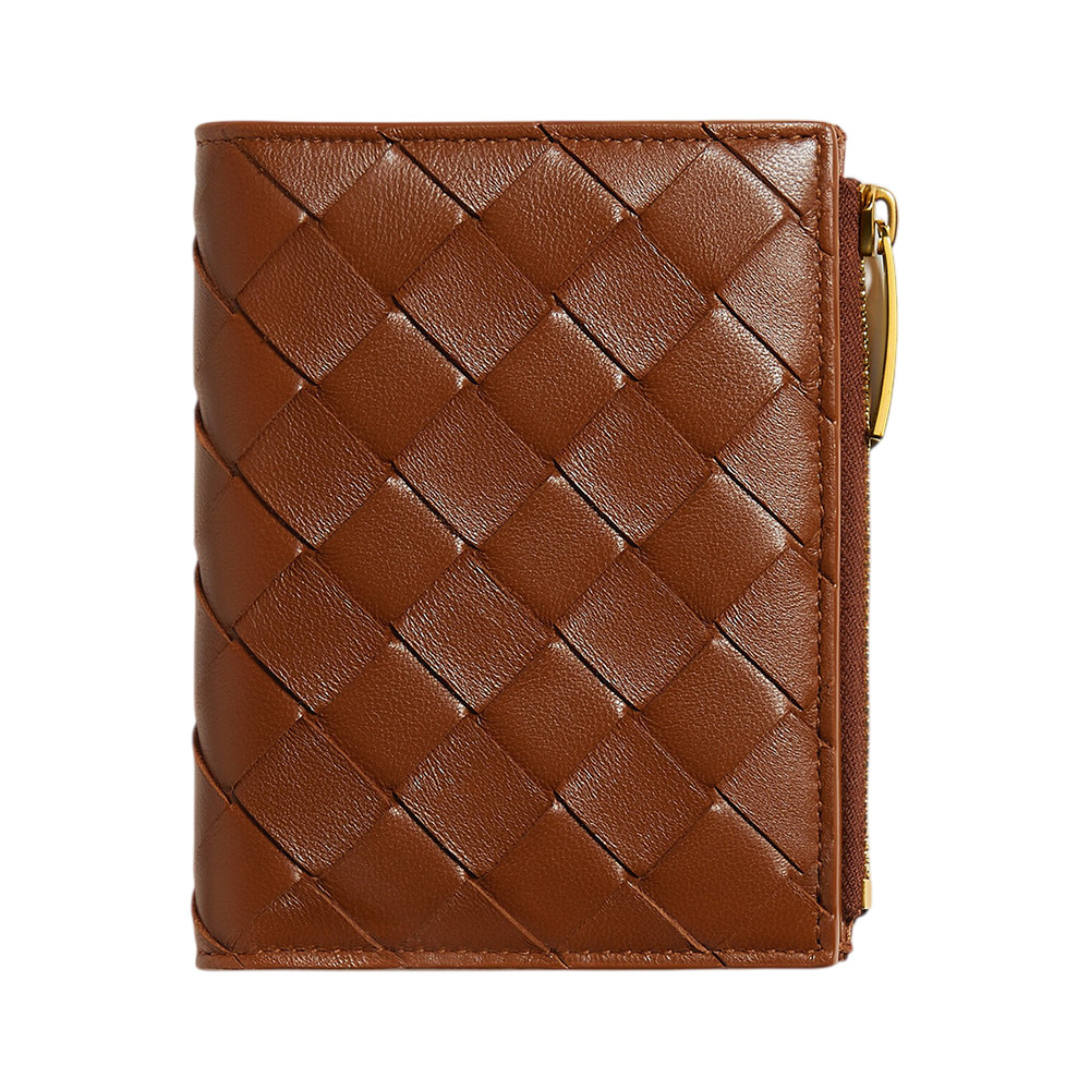 Small Intrecciato Bifold Zip Wallet Tannin
