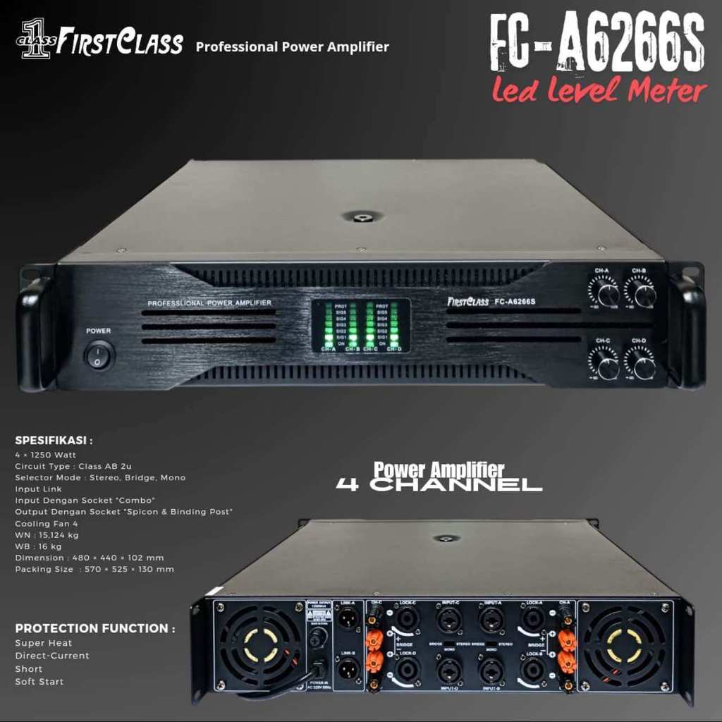 POWER AMPLI FIRST CLASS FC A6266S FCA6266S (SOFT START) 4CH 4 X 1250 WATT