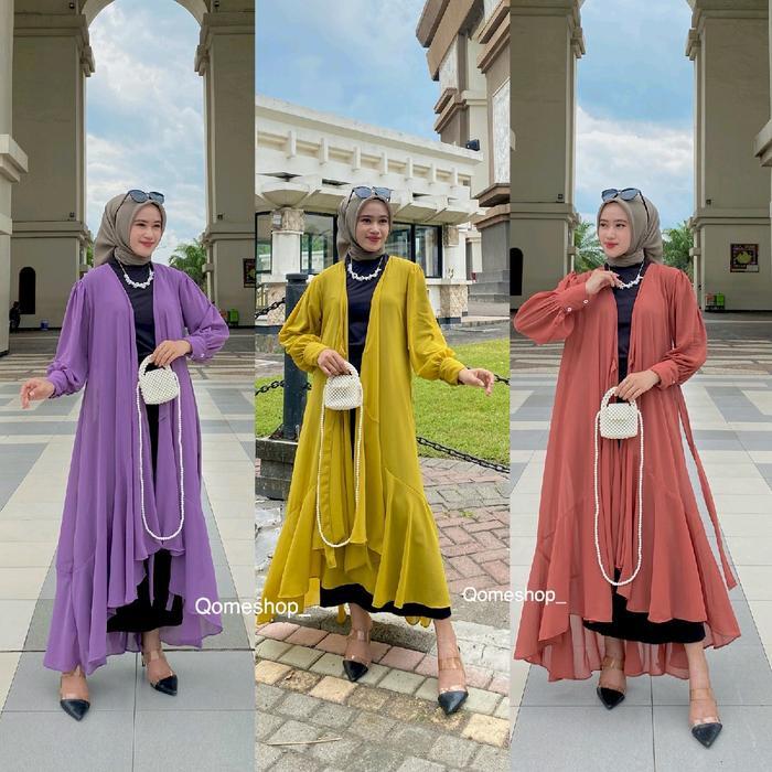 Outer Flow Wanita Bahan Ceruti Lengan Kancing Muslim Cardigan Panjang Ceruty Batwing Atasan Kardigan