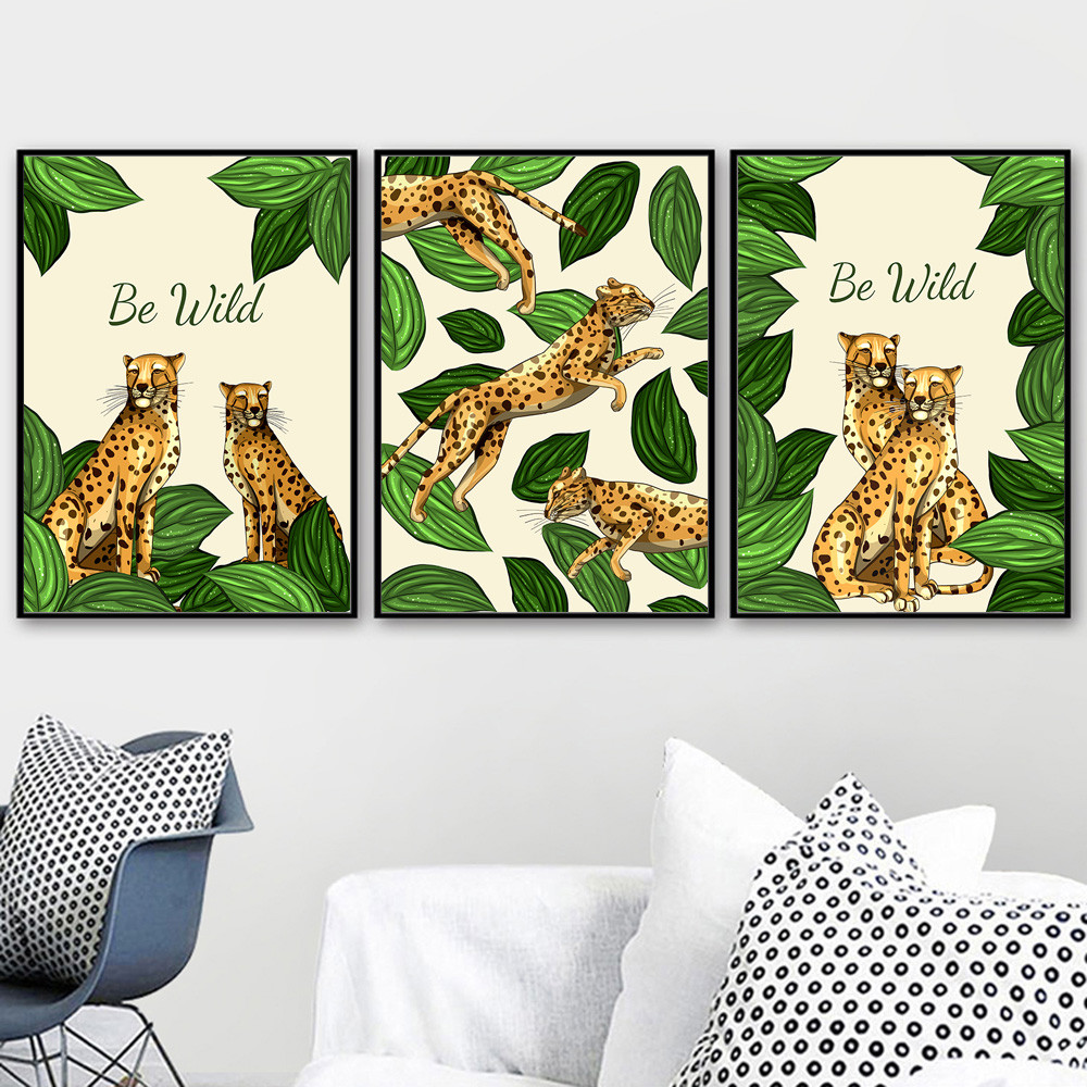 Wall Art Canvas Painting Nordic Print Poster Cartoon Wild Animal Leopard Leaf Nursery Pictures Baby 