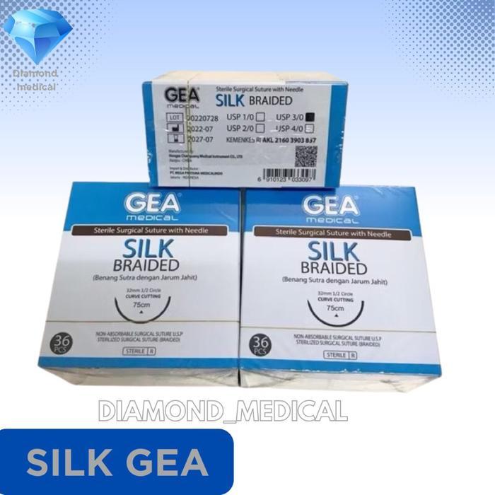 Benang Jahit Silk Gea + Jarum Gea Benang Sutra Dengan Jarum Jahit 2/0 3/0 Diamond Medical