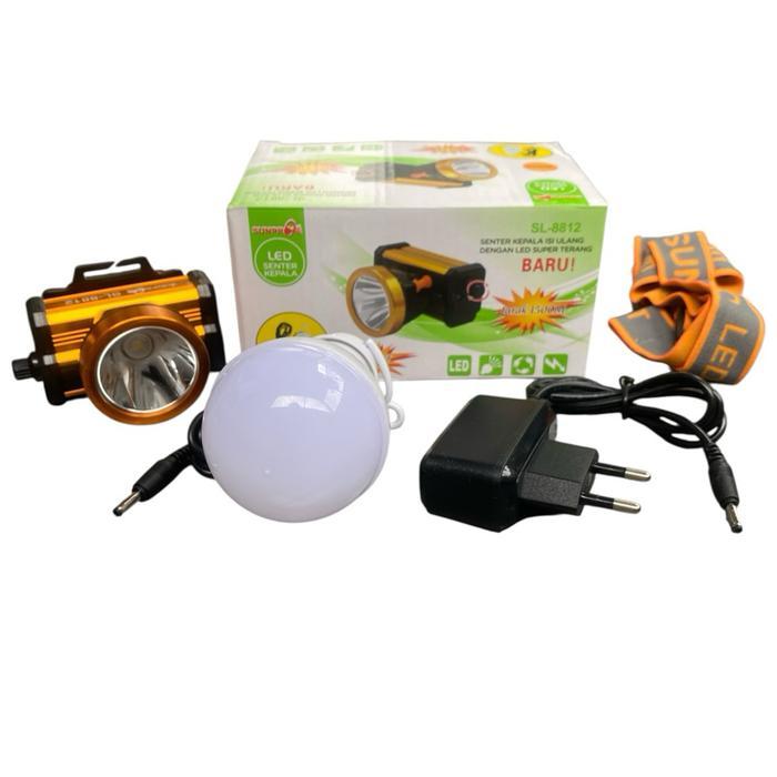 SUNPRO SENTER KEPALA SL 8812 PUTIH KUNING 15 WATT LED RECHARGEABLE CAHAYA PUTIH BOHLAM JARAK 1500 M