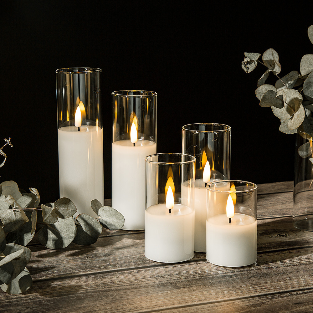 Set Of 5 Pillar White Glass Led Candle Home Decoration Wedding Engagement Anniversaire Decoration