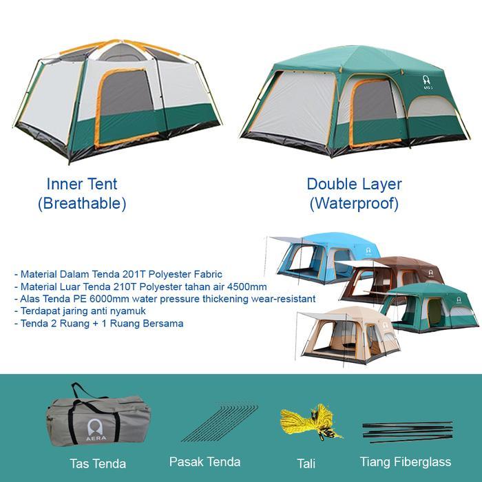 TERLARIS Tenda Camping Keluarga 2 Ruang 8 - 12 Orang Waterproof Tenda Camping Besar Tenda Camping 10