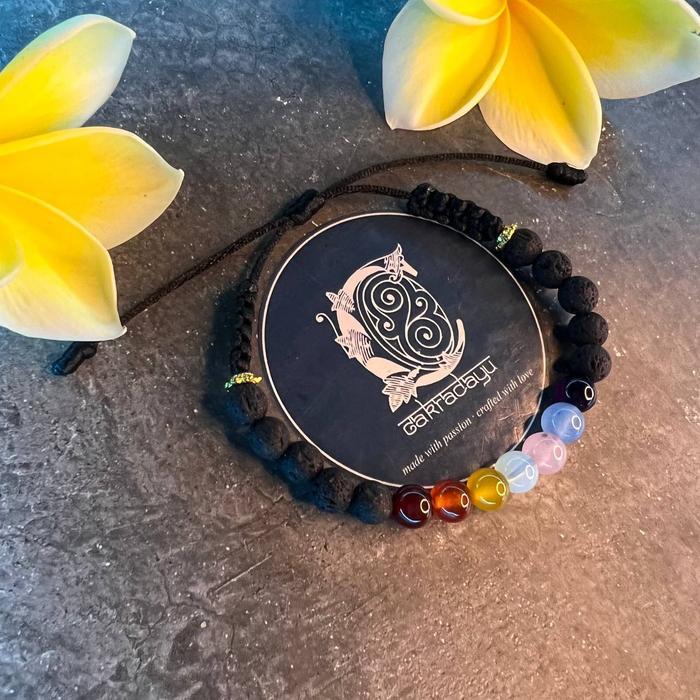 Virlokina- Gelang Cakra 7 Batu Kristal Dan Batu Lava Rocks 6Mm Tali Satin Hitam Untuk 7 Titik Cakra