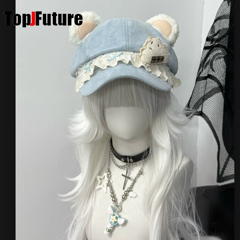 Japanese Subculture Y2K Yami Kawaii Girl Bear Ear Cap Mass-produced look Lace Face Slimming Baseball