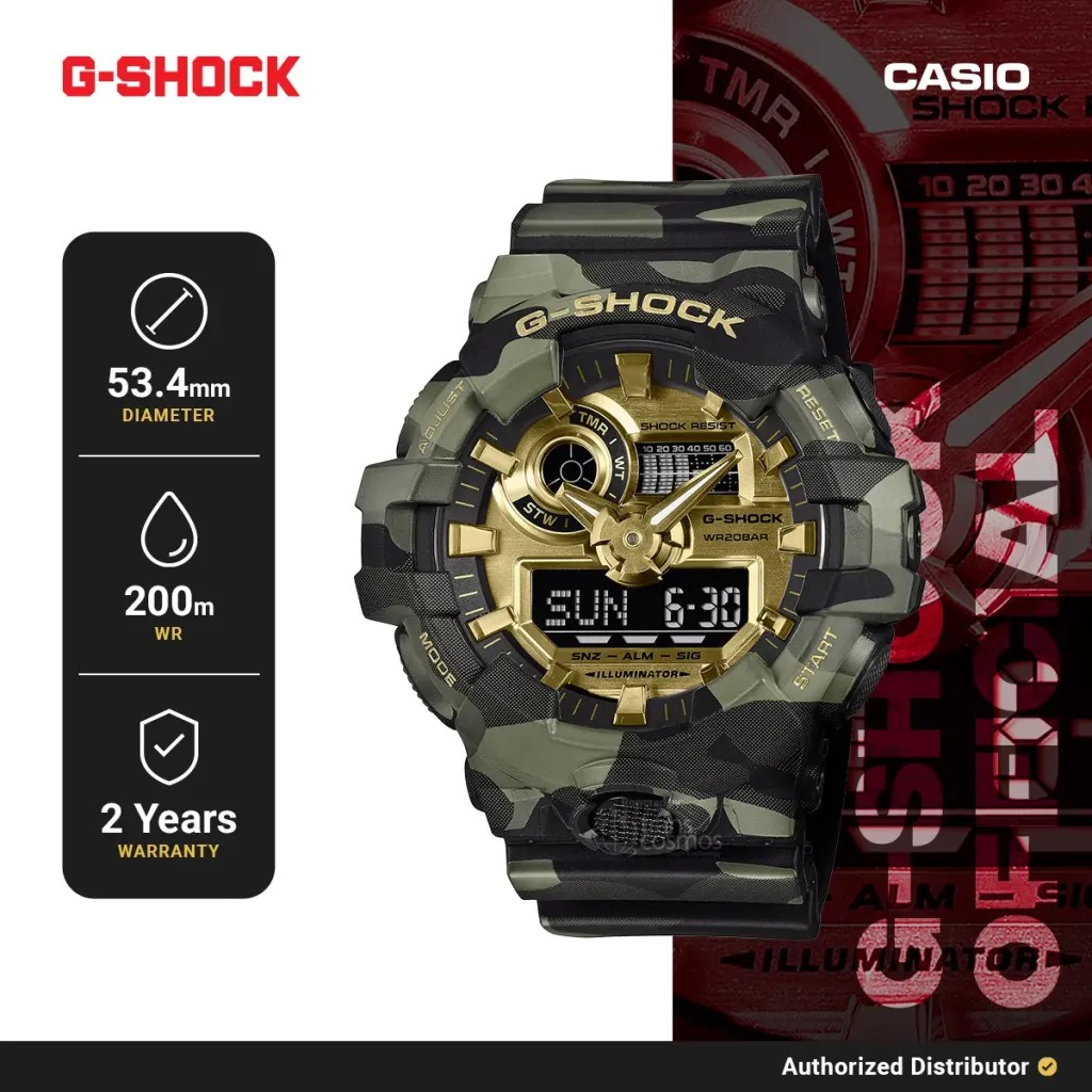 G-Shock Bold Camo GA-700 Series GA-700CMG-3ADR Jam Tangan Pria Analog Digital Resin Green Gold Origi