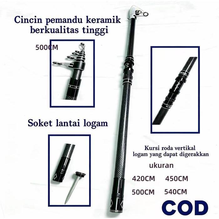 NEW Joran Laut Karbon Super Keras 420CM-540CM, Lempar Jauh 100M, Pasak Tanah Built-in, Ring Pemandu