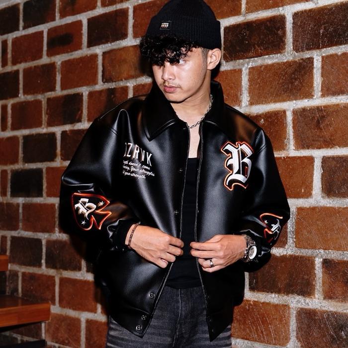 Promo Bozrvk Jaket Varsity Pria Wanita Black Hitam Leather Full Bordir Original