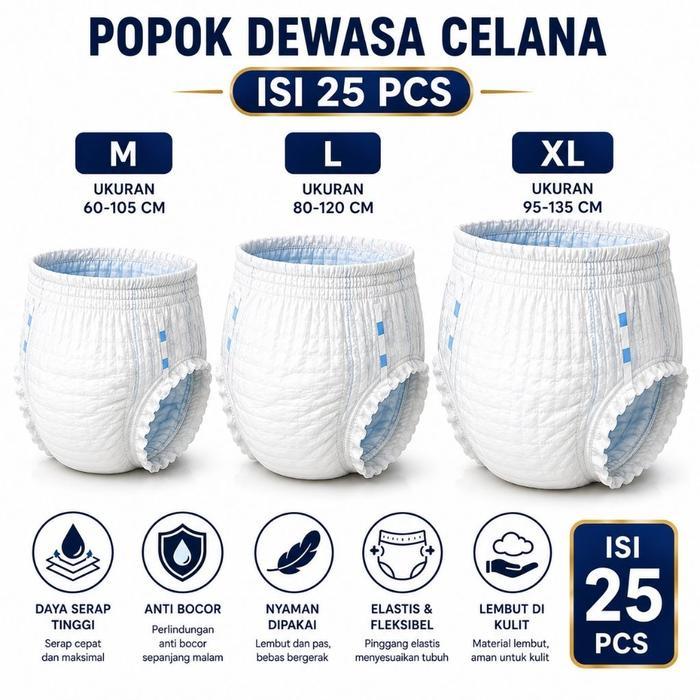 Home Shop - Paket Popok Dewasa Celana Isi 25 Pcs Size M, L, Xl, Dan Xxl Anti Bocor Model Paket