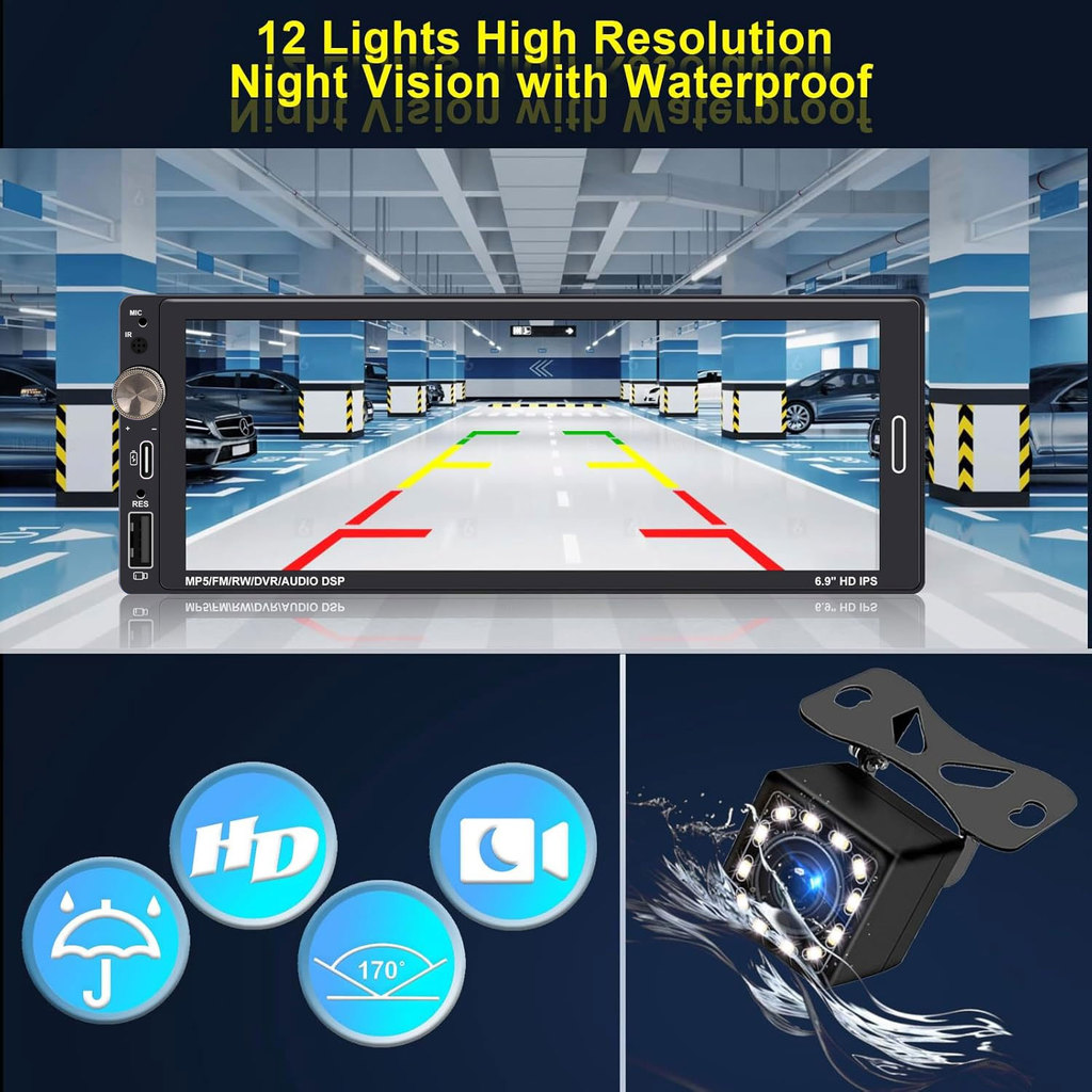1Din 6.9'' arPlay Android Auto WirelessWired Universal ar Radio MP3 MP5 multimedia FM Stereo 1 Din