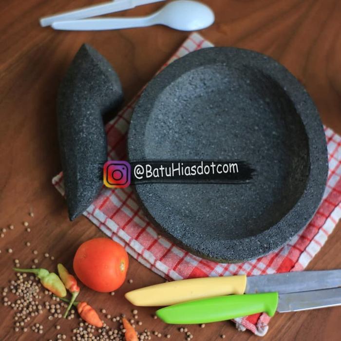 PROMO Cobek Coet dan Ulekan Ulegan Batu Lava Merapi Asli Motif Oval 20 cm