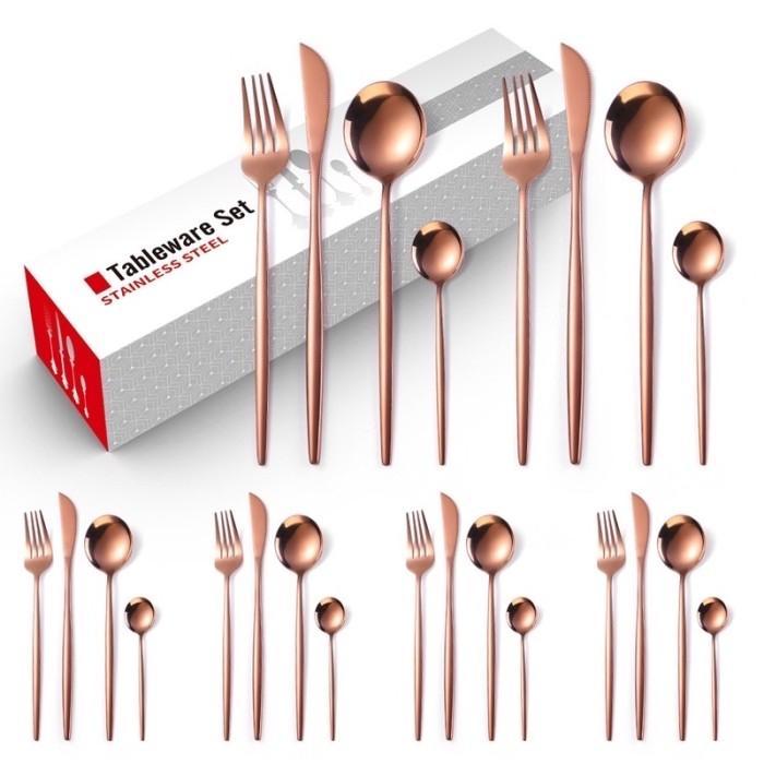 Premium Cutlery Set 24Pcs Korea Rose Gold - Set Pisau Garpu Sendok Stainless Steel Bulat Pipih Aman