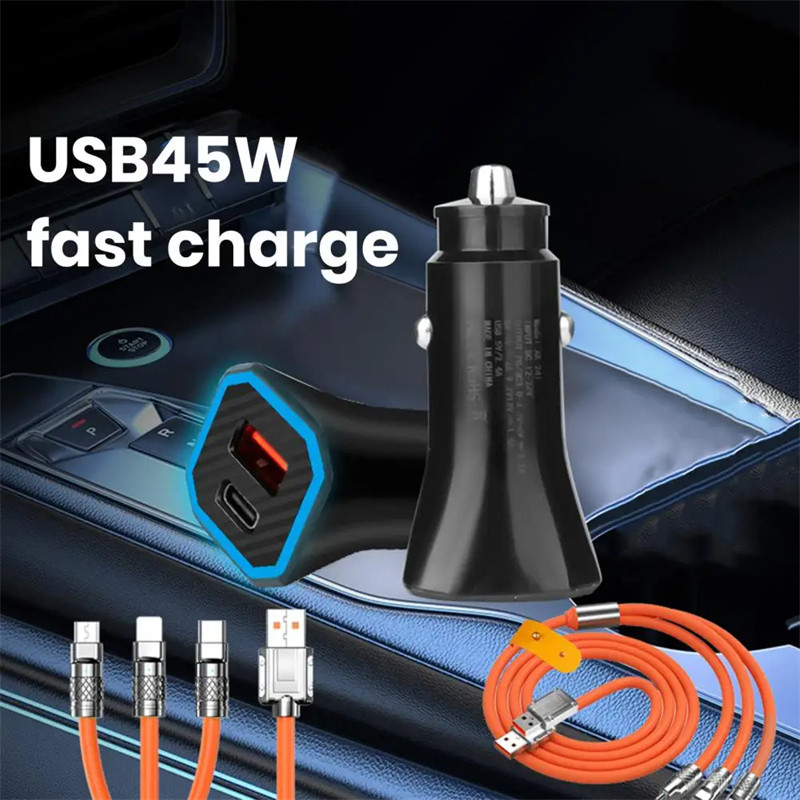 High Power Car Fast Charge Car Charger Universal Car Charger with Type-c 8pin Micro Splitter Cable C