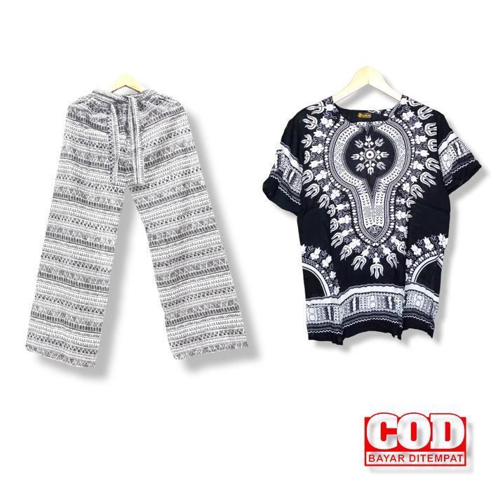 Bajutidur - Setelan Celana Panjang Dashiki Putih Hitam/ Setelan Celana Panjang Pria Wanita/ Setelan 
