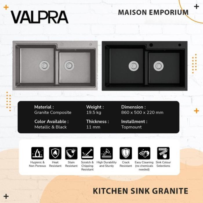 SALE Kitchen Sink Granit Valpra 86X50 / Tempat Cuci Piring Hitam + Keran