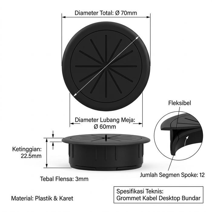 Tutup Gromet Lubang Kabel Meja 4 Pcs Bahan Silikon Karet 60Mm Tutup Meja Kabel Meja Komputer Hitam