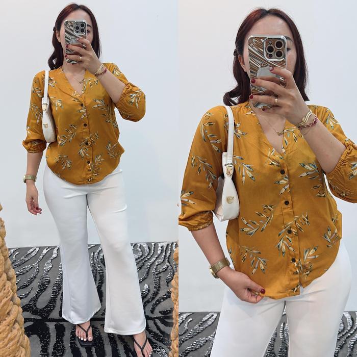 TERMURAH Grosir Natalia Blouse Kancing Motif Daun Bahan Cotton Rayon Baju Atasan Wanita Panjang