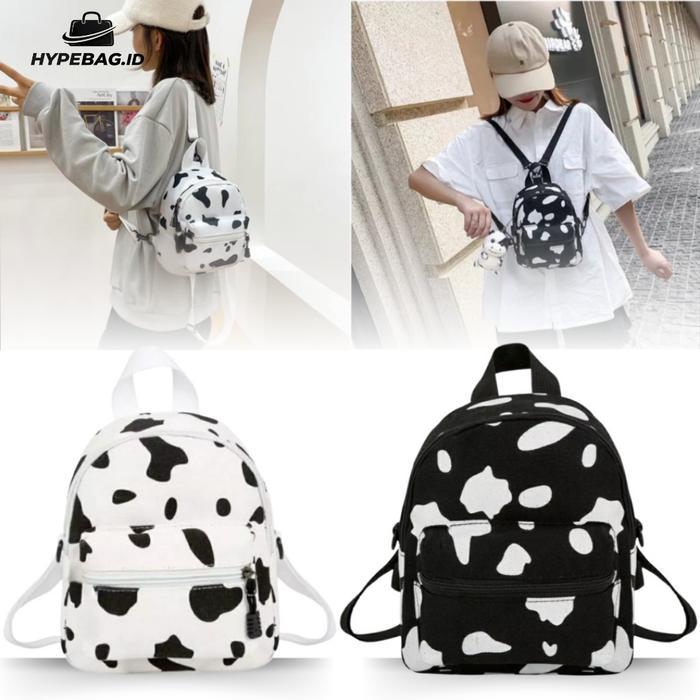 Tas Ransel Backpack Mini Hitam Putih Motif Sapi Tas Ransel Modis Tas Slempang Remaja