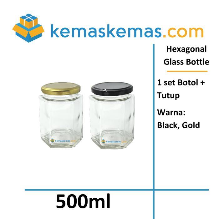 500ml Botol Kaca Hexagon Toples Jar Kaca Madu segi enam + Tutup