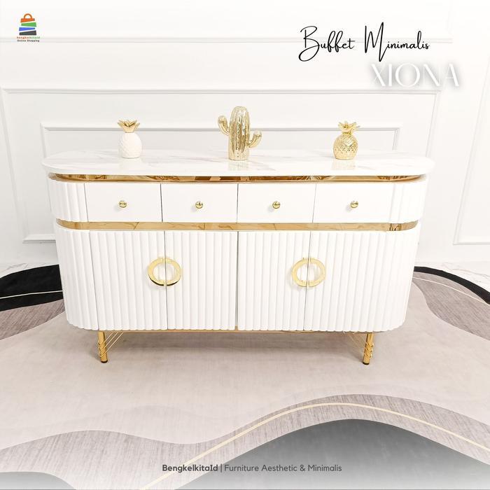 Meja TV Credenza Xiona | Bufet Minimalis Modern Terbaru I Lemari TV Minimalis Modern - Marmer Putih,