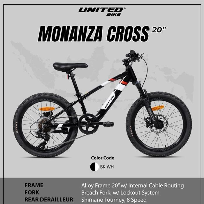 Sepeda MTB 20 Frame Alloy Rem discbrake 8 Speed UNITED MONANZA CROSS ORIGINAL 100% - Hitam