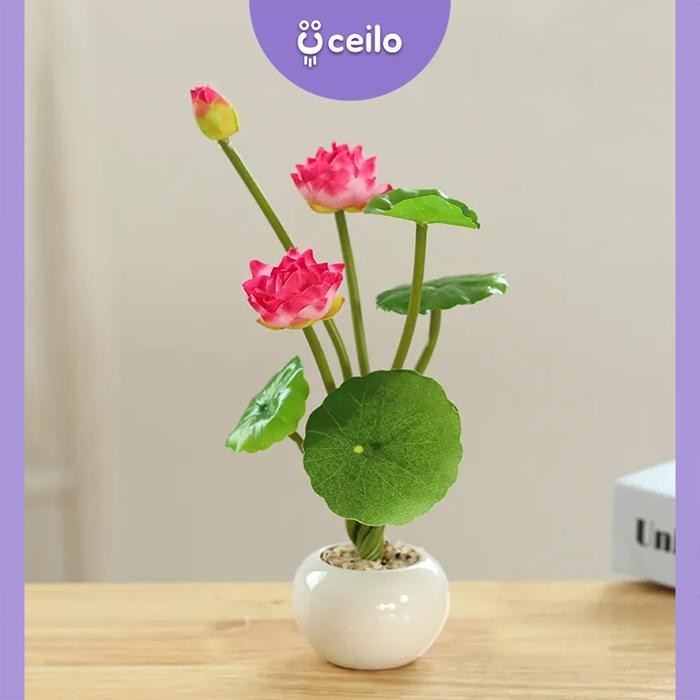 CEILO Bunga Teratai Imitasi Lotus Artificial Tanaman Teratai Palsu Bunga Teratai Pot Keramik Hiasan
