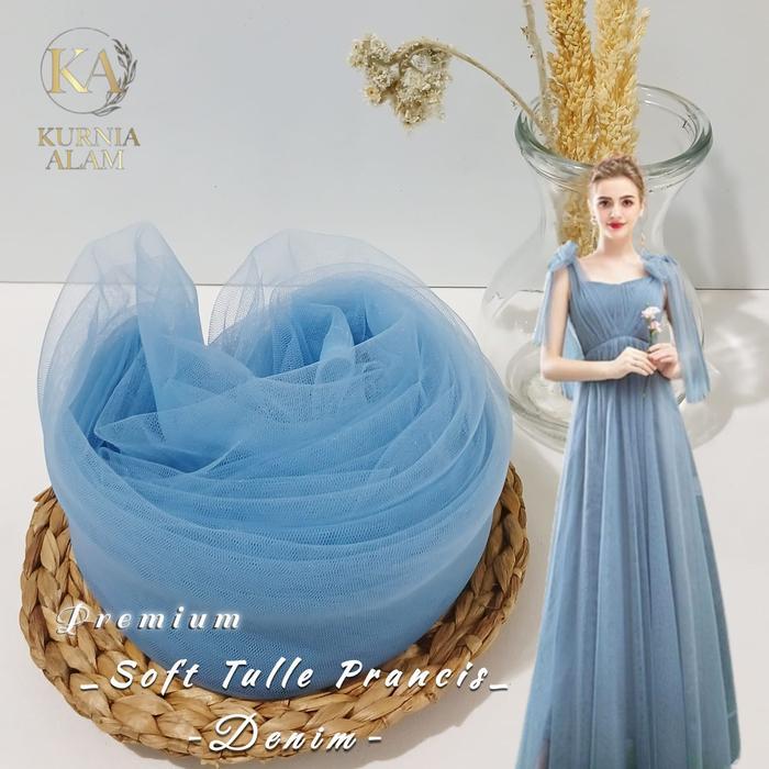 Soft Tulle Prancis Premium Mewah Halus Jatuh WARNA DENIM Bahan Dress, Gaun Lebar 170cm