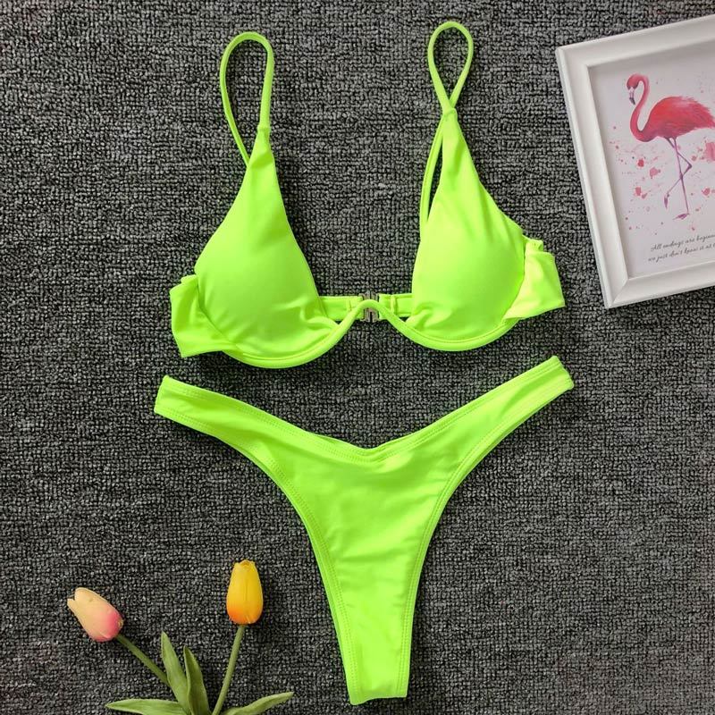 Neon Green V-bar Underwire Bikini 2025 Female Swimsuit Women Swimwear Two-piece V shape Wire Bikini