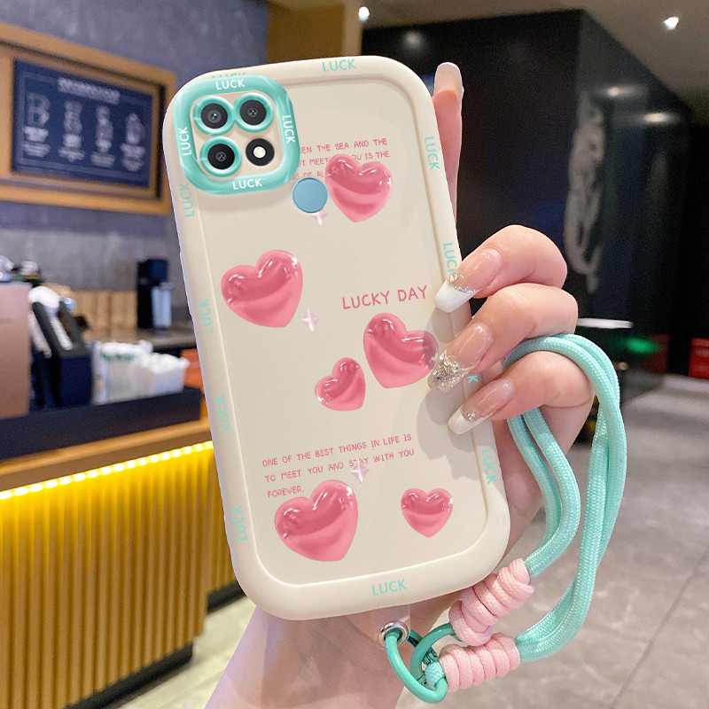 Casing Hp untuk OPPO A15 A15s A35 4G Case Pola Hati Pink Lucu Kasing ponsel silikon Kesing lanyard d