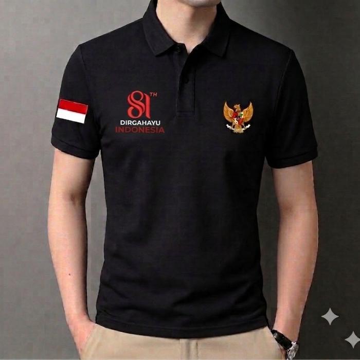 Kerah Polos Logo Kaos Kerah Polos Logo 81th dan Garuda Lengan Pendek untuk 17 Agustus - Hitam, M Log