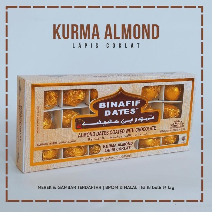 Cesso.Shop- Kurma Almond Lapis Coklat Binafif Dates Isi 18 Almond Dates Coated With Chocolate