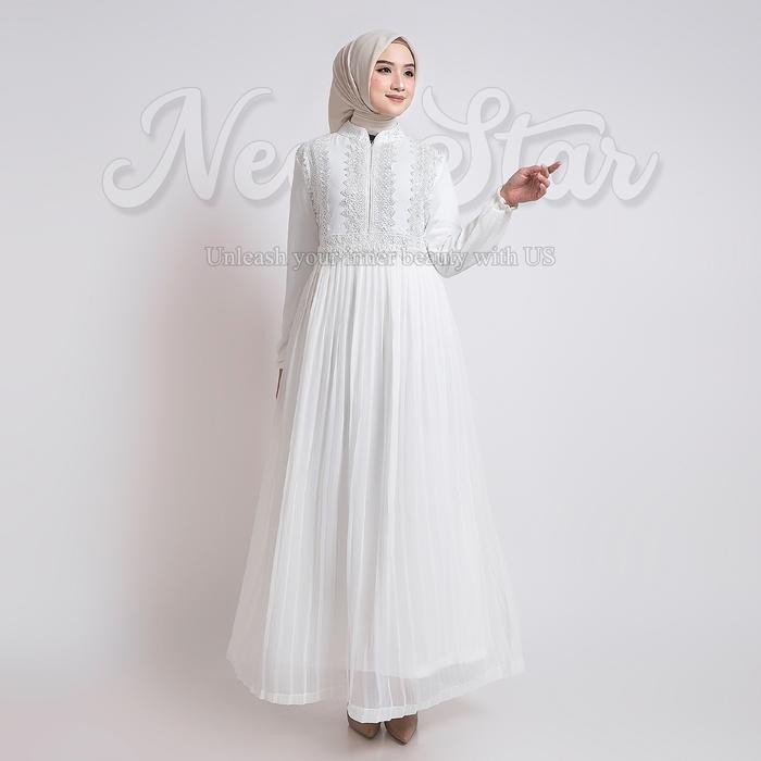 k468 Newstar - Baju Gamis Putih Wanita Kekinian Dress Lebaran 2025 Abaya Warna Putih