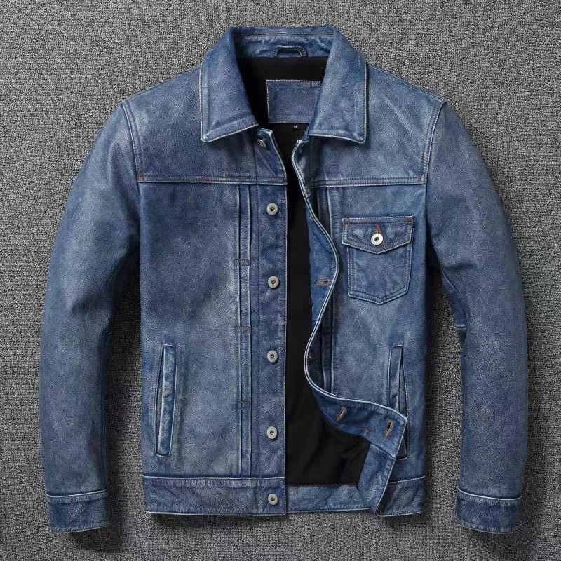 2023 New Leather Jacket Men'S Single-Breasted Denim Blue Old Motorcycle Leather Jacket Slim-Fit