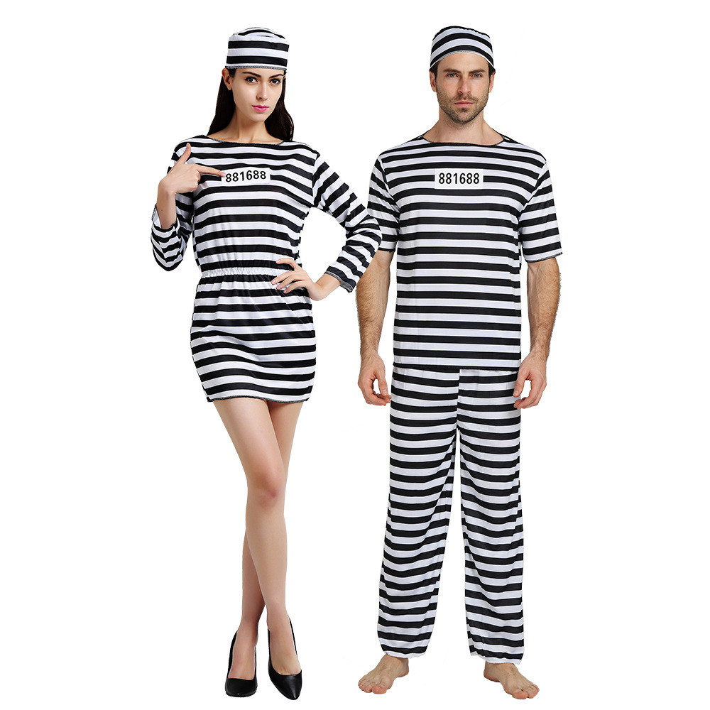 Halloween Prisoner Cosplay Costume Prison Inmate Men Striped Top Pants Women Dress Hat Party