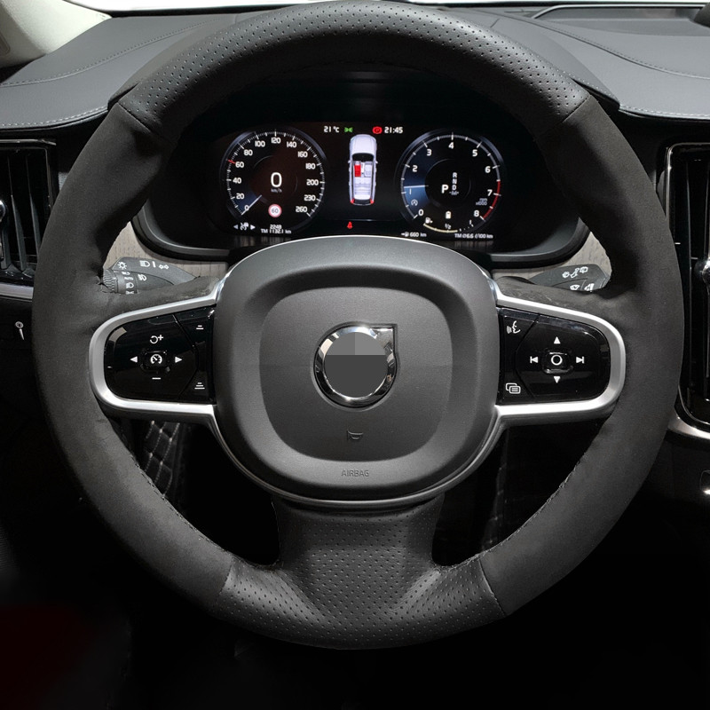 DIY Hand-Stitched Black Genuine Leather Suede Car Steering Wheel Cover For XC90 S90 XC60 S60 V90CC 2