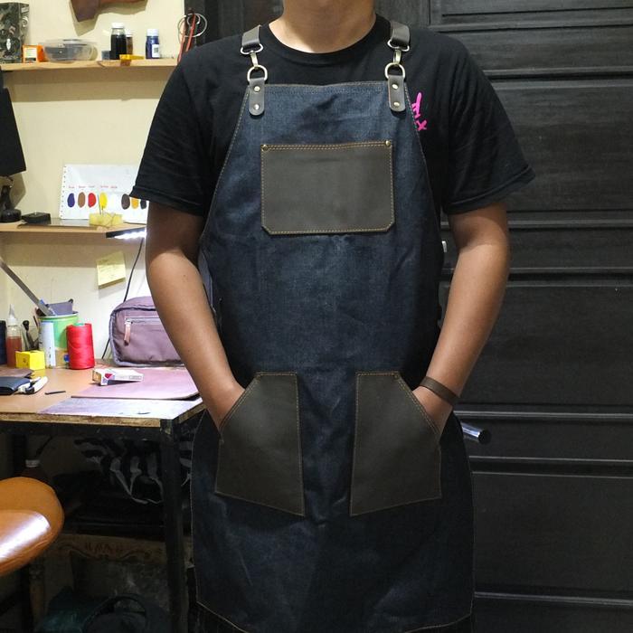 Apron Barista Celemek Kulit Asli Kanvas Siap Kirim