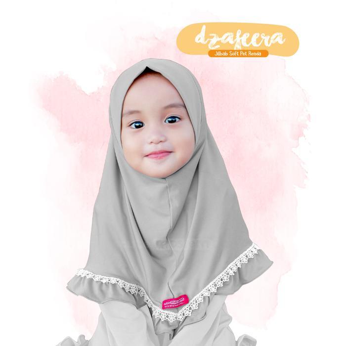 Dzafeera Jilbab Cutemoslem Dzafeera Jilbab Jersey Anak L Bahan Soft Pet Renda Usia 7-9 Tahun - Abu m