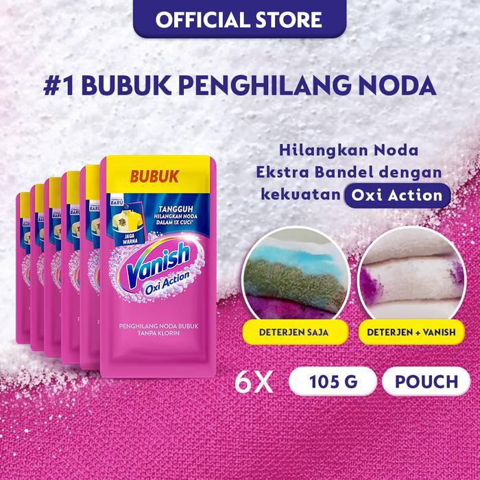 Vanish Bubuk Penghilang Noda Pakaian Pink Pembersih Noda Baju Membandel 105gr (6pcs) Diskon 10%