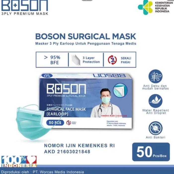 BOSON Surgical Mask Earloop 3ply Masker MEDIS isi 50psc