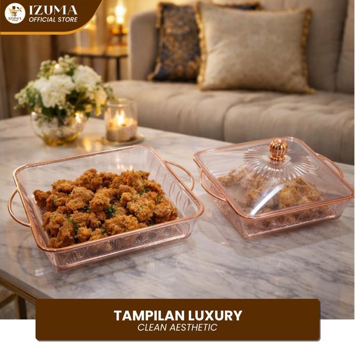 Izuma Buy 1 Get 1 Tempat Buah Prasmanan Persegi / Nampan Saji Dengan Tutup Kristal Handle Pink Gold