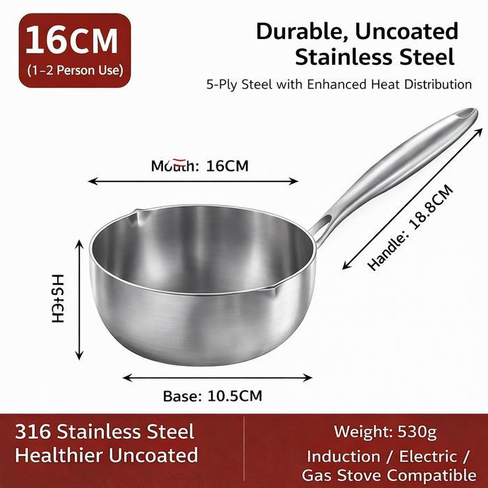 Milk Pan 316L 16Cm Thick Stainless Panci Masak Goreng Stainless Steel Tebal Gagang Panjang