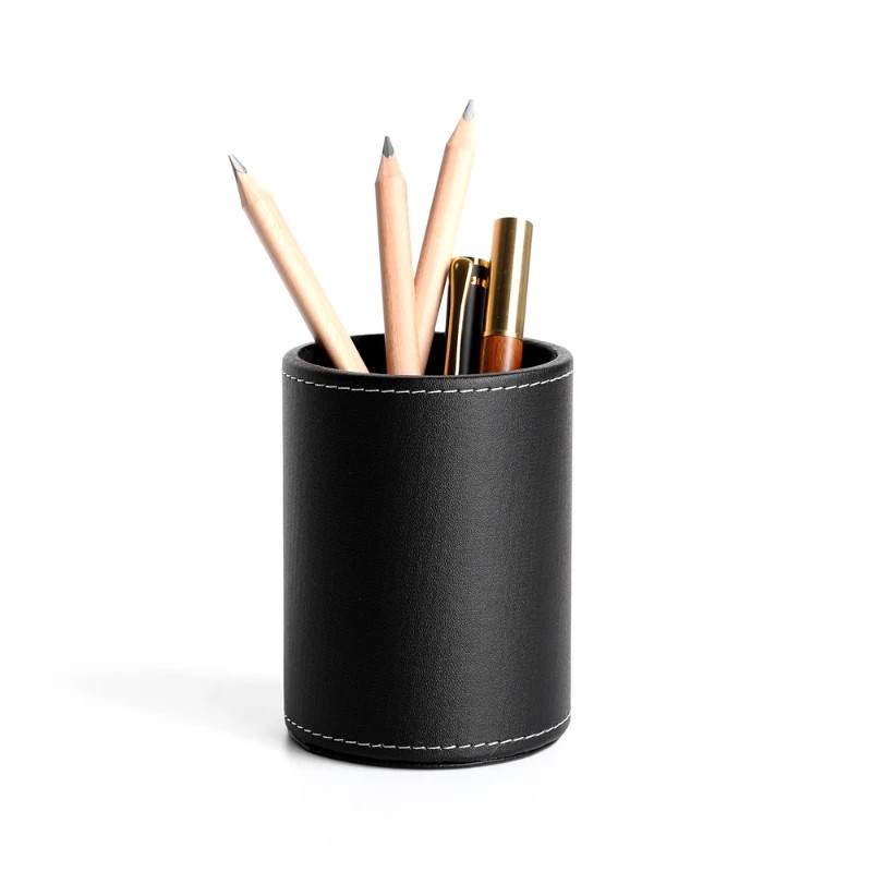 Business Leather Round Pencil Holder Desktop Stationery Makeup Brush Storage Simple Office Desk Orga