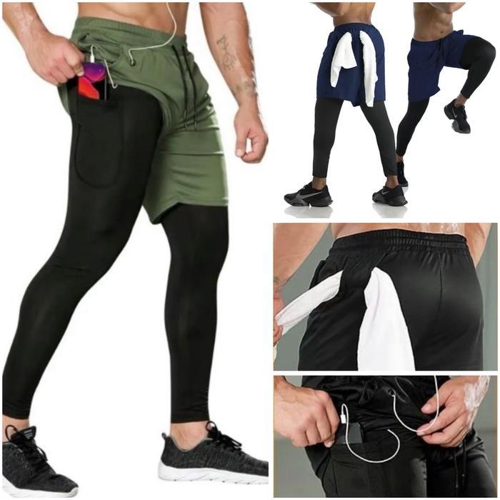 j4xk- Celana 2 In 1 Legging Training Olahraga Gym Fitness Running Pria